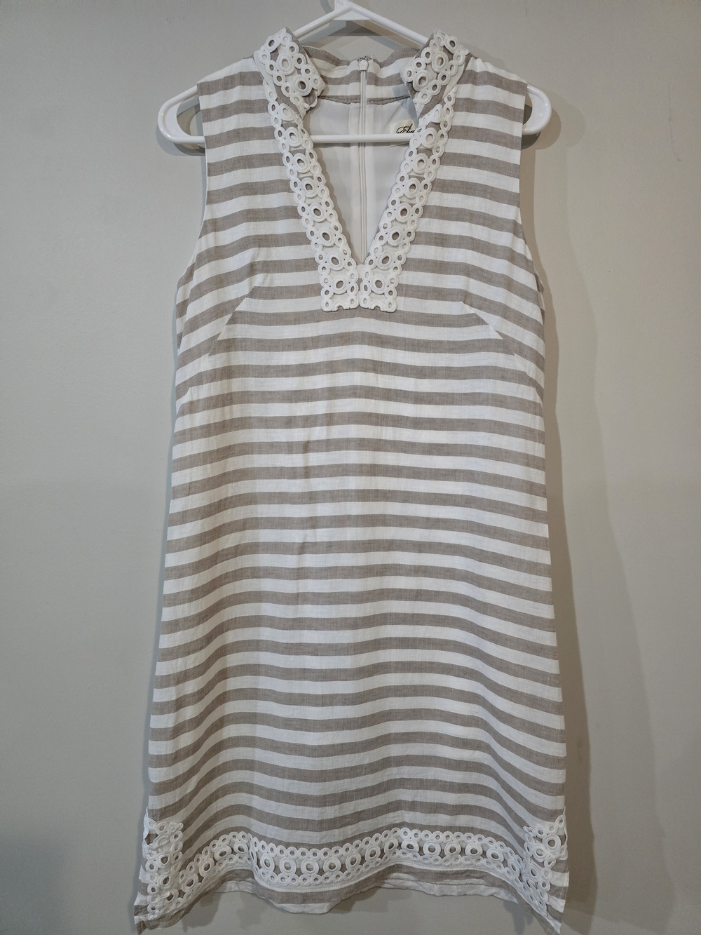 Eliza J White and Light Tan Striped Dress with Eyelet Trim. Linen/cotton. 6